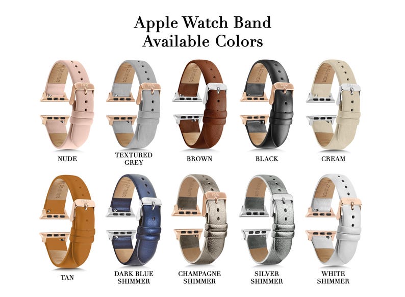 Puede incluir: Banda para Apple Watch disponible en diez colores diferentes: nude, gris texturizado, marr&oacute;n, negro, crema, marr&oacute;n, azul oscuro brillante, champ&aacute;n brillante, plata brillante y blanco brillante.