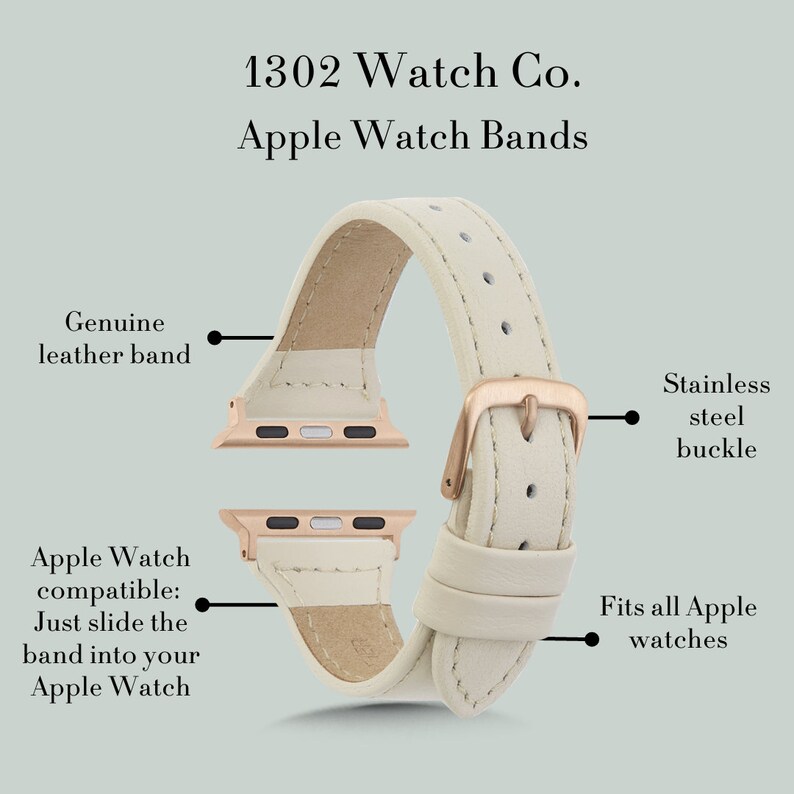 May include: A white leather Apple Watch band with a rose gold buckle. The band is compatible with all Apple Watch models. "Genuine leather band" and "Stainless steel buckle" are written on the image.