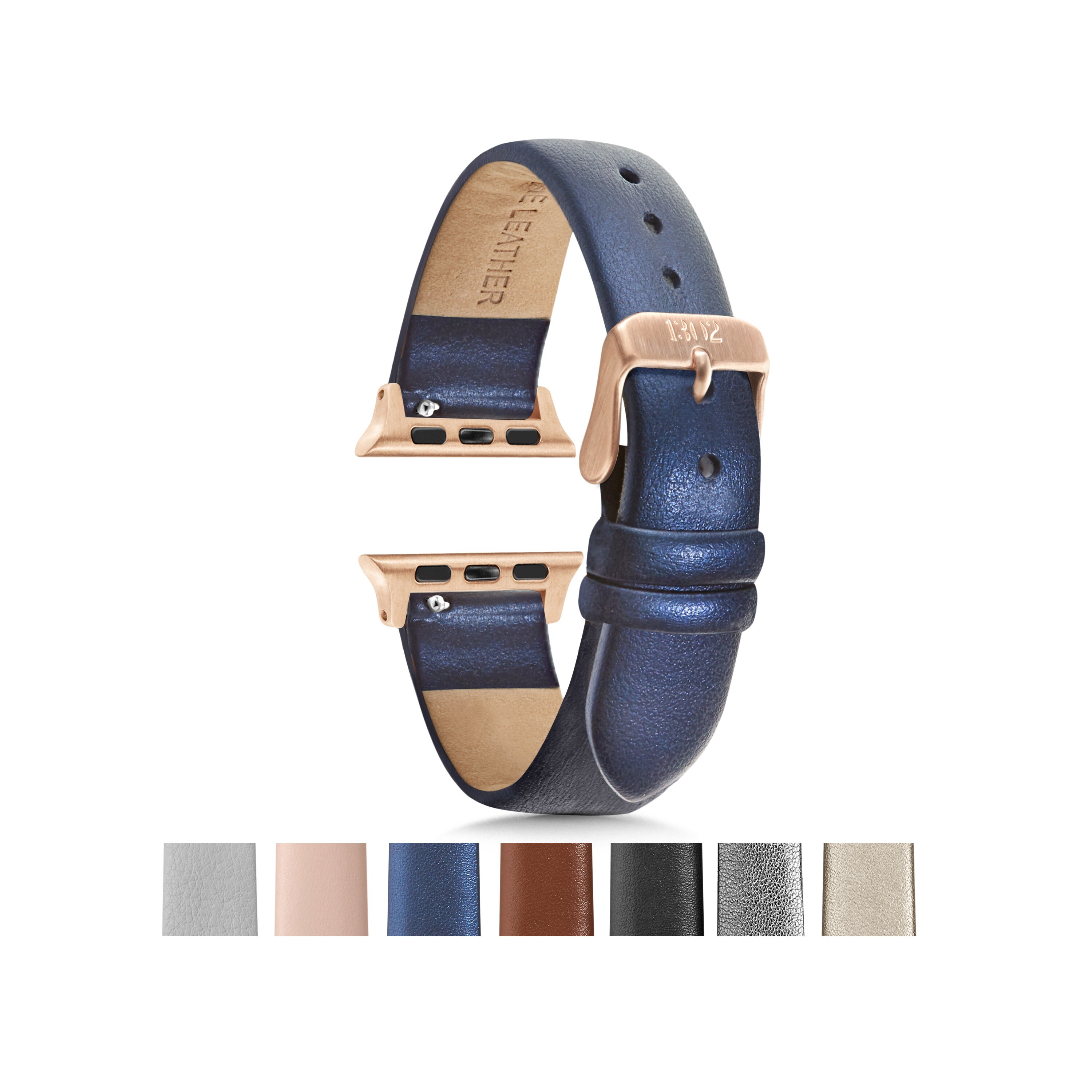 Apple Watch with Navy Blue Band and Gold Metal Link Strap Embossed Leather Apple Watch Band - Midnight Blue main image 3