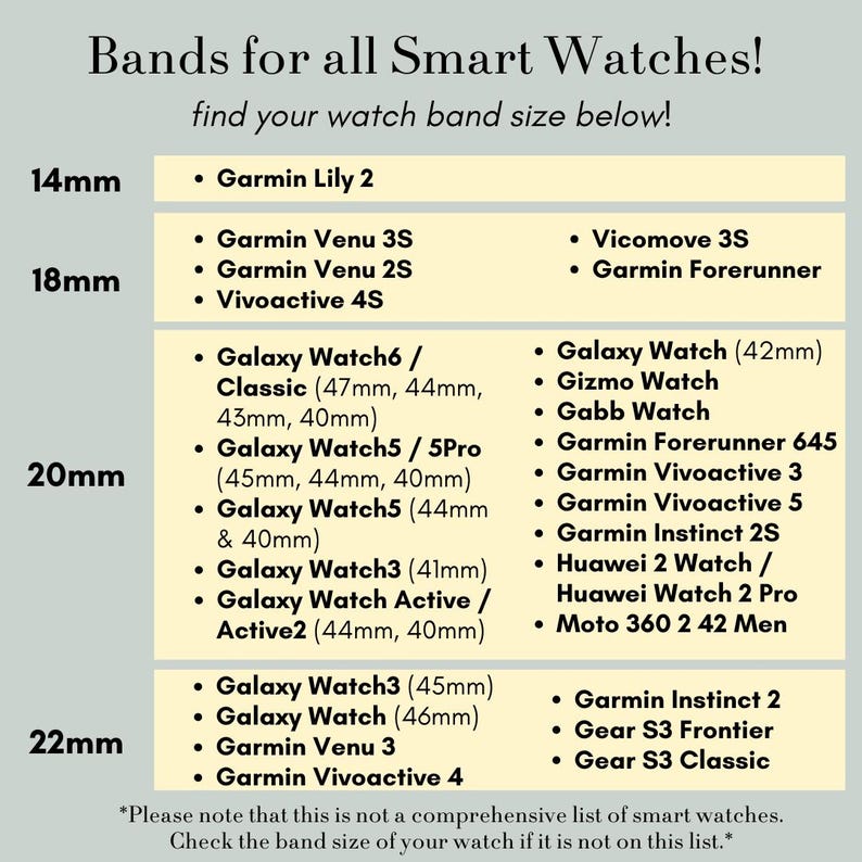 Puede incluir: Una tabla que enumera modelos de relojes inteligentes y sus tama&ntilde;os de correa compatibles, incluyendo 14 mm, 18 mm, 20 mm y 22 mm. Marcas como Garmin y Galaxy Watch. El texto superior dice "&iexcl;Correas para todos los Smartwatches!"