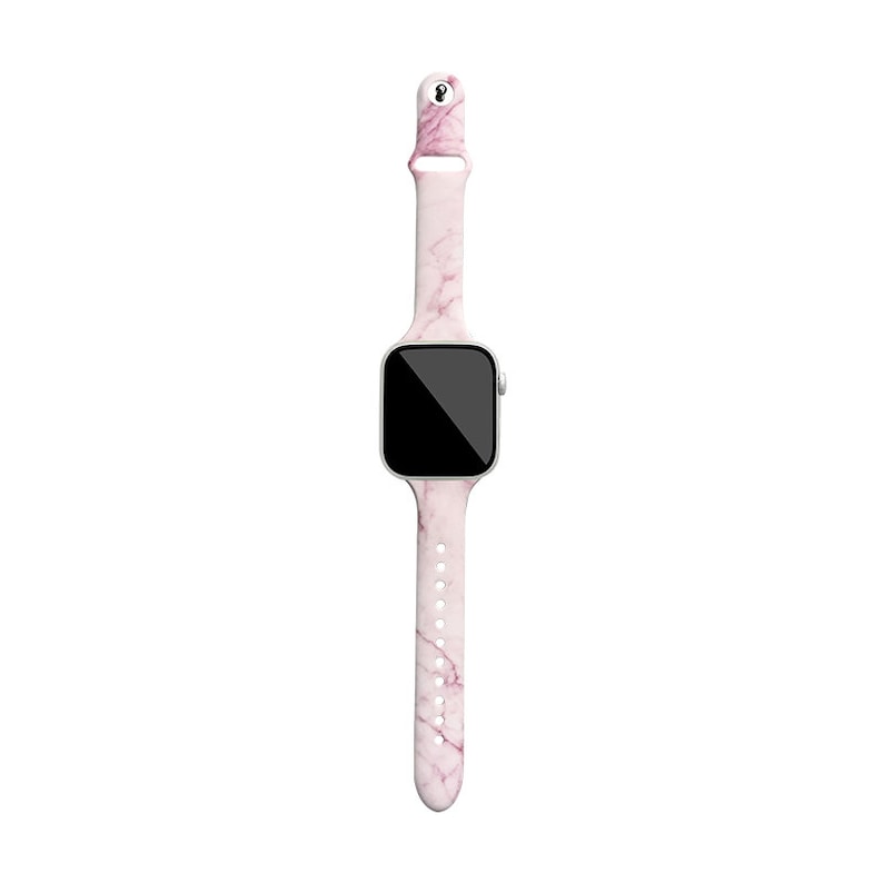 Puede incluir: Una banda de reloj Apple con estampado de m&aacute;rmol blanco y rosa con una pantalla negra.