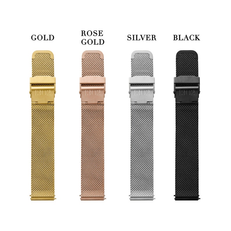 May include: Four metal watch bands in gold, rose gold, silver, and black. Each band has a mesh design and a clasp.