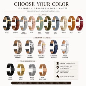May include: A collection of genuine Italian leather and mesh watch bands in various colours including black, brown, grey, nude, green, blue, cream, tan, red, and metallic shimmers. The bands feature stainless steel buckles and quick release pins.