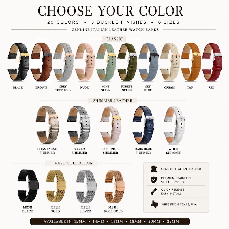 May include: A collection of genuine Italian leather and mesh watch bands in various colours including black, brown, grey, nude, green, blue, cream, tan, red, and metallic shimmers. The bands feature stainless steel buckles and quick release pins.