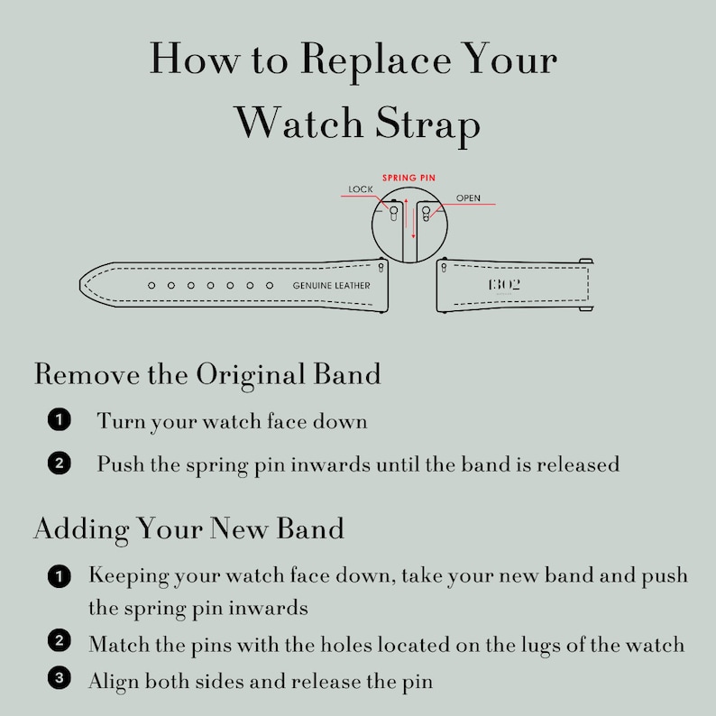 Puede incluir: Un diagrama que muestra c&oacute;mo reemplazar una correa de reloj. El diagrama muestra una correa de reloj con el texto "Genuine Leather" y los pasos para quitar y reemplazar la correa.