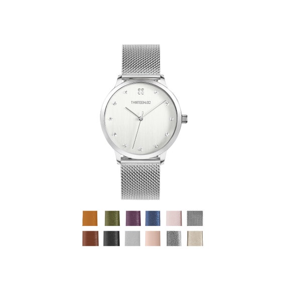 Crystal Watch, Crystal Jewelry, Silver Watch, Ladies Watch, Wrist Watch, Leather Anniversary for Her, 3rd Anniversary Gift, Gift for Wife