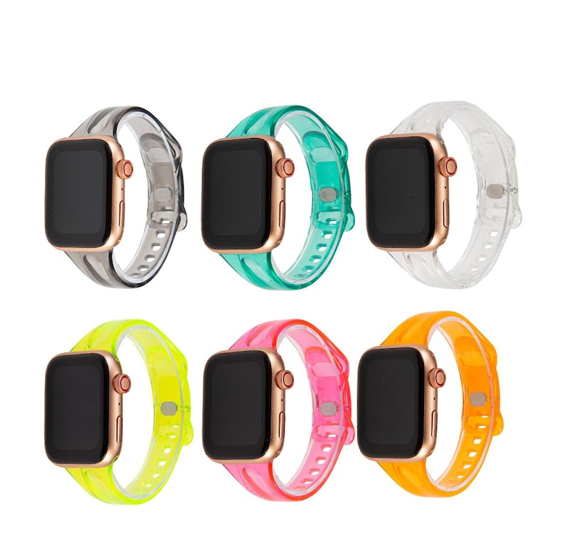 K&ouml;nnte beinhalten: Sechs verschiedene transparente Apple Watch-Armb&auml;nder in den Farben Grau, T&uuml;rkis, Klar, Gelb, Rosa und Orange.