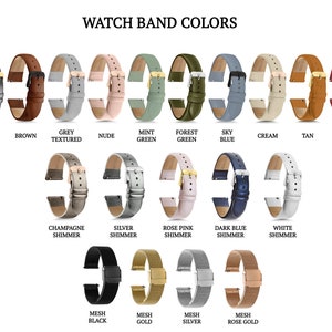 Puede incluir: Una variedad de colores y estilos de correas de reloj, incluyendo negro, marr&oacute;n, gris, nude, verde menta, verde bosque, azul cielo, crema, marr&oacute;n, rojo, brillo champ&aacute;n, brillo plateado, brillo rosa, brillo azul oscuro, brillo blanco, malla negra, malla dorada, malla plateada y malla oro rosa.