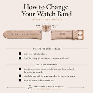 May include: A beige genuine leather watch band with a rose gold buckle and quick release spring bars. The image includes instructional text titled How to Change Your Watch Band, detailing steps to remove and add the band, and the 1302 logo.