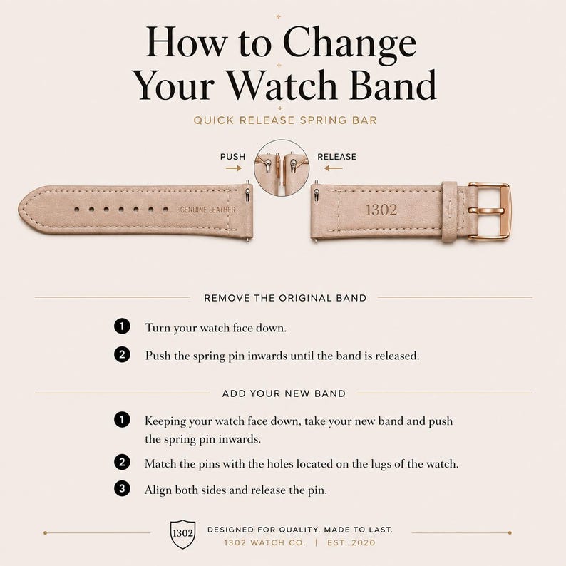 May include: A beige genuine leather watch band with a rose gold buckle and quick release spring bars. The image includes instructional text titled How to Change Your Watch Band, detailing steps to remove and add the band, and the 1302 logo.