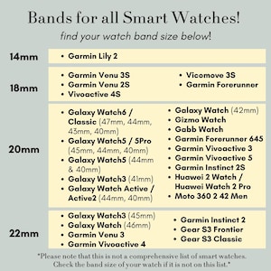 Puede incluir: Un gr&aacute;fico que muestra los diferentes tama&ntilde;os de correas de reloj para relojes inteligentes populares. El gr&aacute;fico enumera el tama&ntilde;o de la correa en mil&iacute;metros y los modelos de relojes inteligentes correspondientes. El gr&aacute;fico incluye marcas como Garmin, Galaxy Watch y Vicomove.