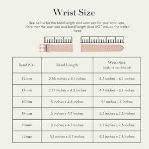 May include: A light pink watch band sizing chart titled Wrist Size. The chart displays band sizes from 12mm to 22mm, listing corresponding band lengths and wrist sizes in inches, excluding the watch head. Two band segments are shown above the table.