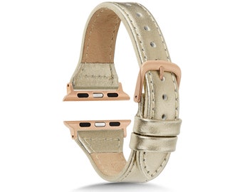Compatible Apple Watch Bands, 38mm 40mm 41mm 42mm 44mm 45mm, Watch Band, Leather Strap Women, SE, Slim Band, Rose Gold Band, Gift for Her