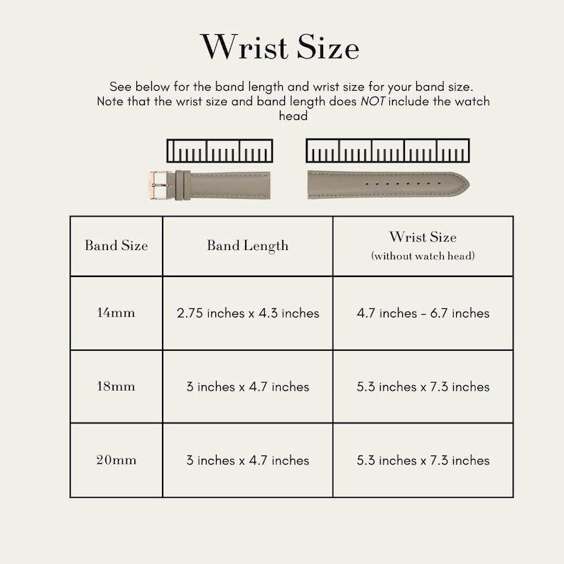 Puede incluir: Un gr&aacute;fico beige titulado "Wrist Size" con medidas de correa y mu&ntilde;eca. El gr&aacute;fico incluye tama&ntilde;os de correa de 14 mm, 18 mm y 20 mm, con las longitudes de correa y tama&ntilde;os de mu&ntilde;eca correspondientes en pulgadas. Incluye un diagrama de una correa de reloj.