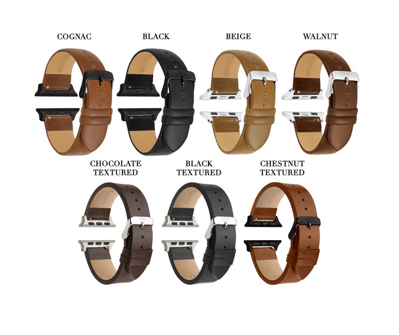 Pode incluir: Sete pulseiras de couro para rel&oacute;gios inteligentes, exibidas em v&aacute;rias cores e texturas, incluindo conhaque, preto, bege, nogueira, chocolate texturizado, preto texturizado e castanho texturizado, cada uma com fivela e ferragens met&aacute;licas.