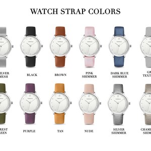 Puede incluir: Una exhibici&oacute;n de relojes de pulsera con varios colores de correa. Las esferas de los relojes son plateadas con esferas blancas. Los colores de las correas incluyen malla plateada, negro, marr&oacute;n, rosa brillante, azul oscuro brillante, gris texturizado, verde bosque, morado, bronceado, nude, plata brillante y champ&aacute;n brillante.