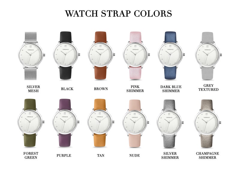 Puede incluir: Una exhibici&oacute;n de relojes de pulsera con varios colores de correa. Las esferas de los relojes son plateadas con esferas blancas. Los colores de las correas incluyen malla plateada, negro, marr&oacute;n, rosa brillante, azul oscuro brillante, gris texturizado, verde bosque, morado, bronceado, nude, plata brillante y champ&aacute;n brillante.