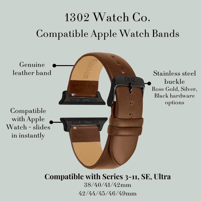 Pode incluir: Uma pulseira de rel&oacute;gio de couro genu&iacute;no castanho para Apple Watch com fivela de a&ccedil;o inoxid&aacute;vel preta. O texto inclui 1302 Watch Co. Compatible Apple Watch Bands, Genuine leather band, Stainless steel buckle e Compatible with Series 3-11, SE, Ultra.