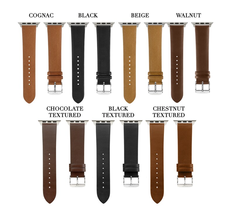 Pode incluir: Uma cole&ccedil;&atilde;o de pulseiras de rel&oacute;gio em v&aacute;rias cores e texturas, rotuladas como Cognac, Black, Beige, Walnut, Chocolate Textured, Black Textured e Chestnut Textured. Cada pulseira possui uma fivela e ferragens de metal prateado.