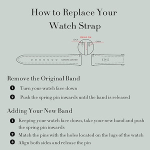May include: A diagram showing how to replace a watch strap. The diagram shows a watch strap with the text "Genuine Leather" and the numbers "1302". The diagram shows how to remove the original band and how to add a new band.