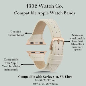 May include: Cream leather Apple Watch strap with a rose gold stainless steel buckle. Compatible with Apple Watch Series 3-11, SE, and Ultra. Available in sizes 38/40/41/42mm and 42/44/45/46/49mm.