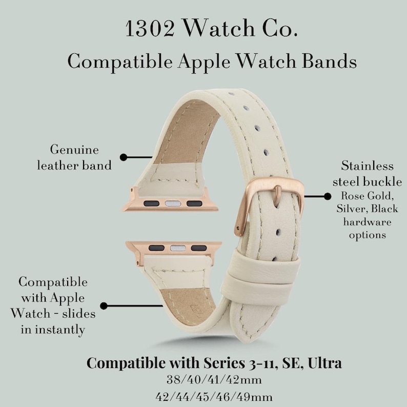 May include: Cream leather Apple Watch strap with a rose gold stainless steel buckle. Compatible with Apple Watch Series 3-11, SE, and Ultra. Available in sizes 38/40/41/42mm and 42/44/45/46/49mm.
