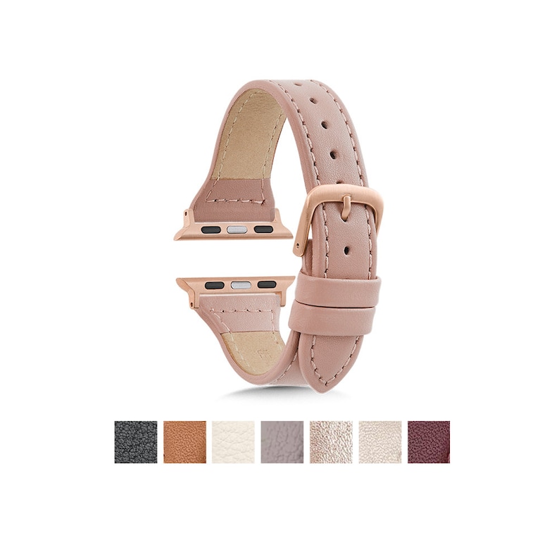 May include: A pale pink leather watch strap with a rose gold buckle and connectors. The strap is stitched and has a classic design. Several colour swatches are shown below the strap.
