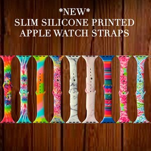 Puede incluir: Un conjunto de diez correas de Apple Watch de silicona de colores con varios patrones, incluyendo tie-dye, m&aacute;rmol y rayas. El texto "*NEW* SLIM SILICONE PRINTED APPLE WATCH STRAPS" se muestra encima de las correas.