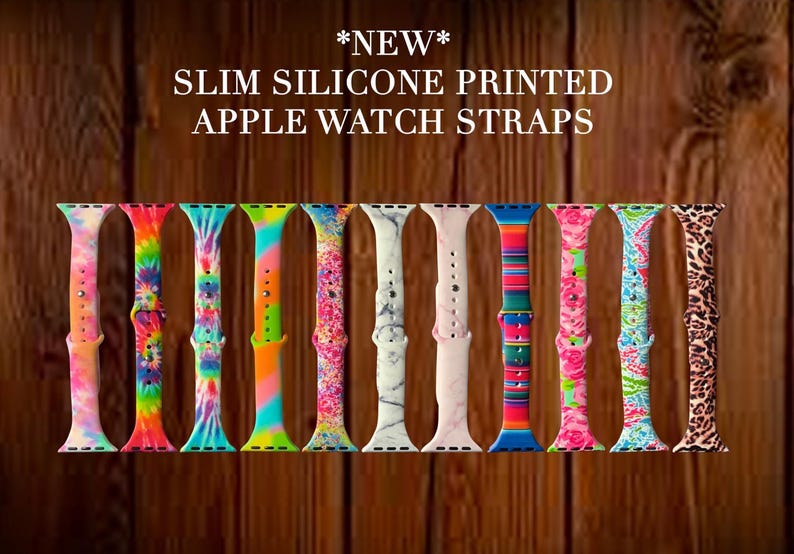 Puede incluir: Un conjunto de diez correas de Apple Watch de silicona de colores con varios patrones, incluyendo tie-dye, m&aacute;rmol y rayas. El texto "*NEW* SLIM SILICONE PRINTED APPLE WATCH STRAPS" se muestra encima de las correas.