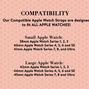 以下が含まれることがあります： Apple Watchストラップの互換性チャート。各ストラップに適合するサイズとシリーズを示しています。チャートは、Small Apple WatchとLarge Apple Watchの2つのセクションに分かれています。チャートには、各ストラップと互換性のあるApple Watchのサイズとシリーズがリストされています。