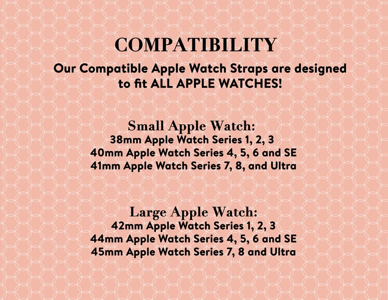 以下が含まれることがあります： Apple Watchストラップの互換性チャート。各ストラップに適合するサイズとシリーズを示しています。チャートは、Small Apple WatchとLarge Apple Watchの2つのセクションに分かれています。チャートには、各ストラップと互換性のあるApple Watchのサイズとシリーズがリストされています。