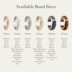 Puede incluir: Se muestran seis tama&ntilde;os diferentes de correas de reloj, que van de 12 mm a 22 mm. Cada tama&ntilde;o tiene una variedad de colores, que incluyen nude, gris, negro, marr&oacute;n, blanco brillante, rosa brillante, crema, azul oscuro, champ&aacute;n, plata, verde bosque y marr&oacute;n.