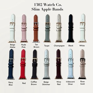 Pu&ograve; includere: Assortimento di 12 cinturini sottili per Apple Watch in vari colori, tra cui beige, rosa nudo, marrone chiaro, taupe, champagne, nero, bianco, blu navy, rosso, marrone caff&egrave;, beige shimmer, rosso vino, argento iridescente e oro rosa.