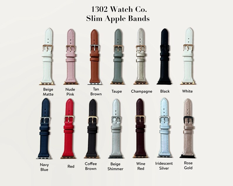 Pu&ograve; includere: Assortimento di 12 cinturini sottili per Apple Watch in vari colori, tra cui beige, rosa nudo, marrone chiaro, taupe, champagne, nero, bianco, blu navy, rosso, marrone caff&egrave;, beige shimmer, rosso vino, argento iridescente e oro rosa.