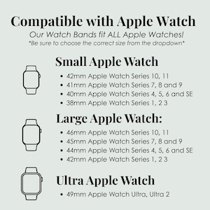 Pode incluir: Uma tabela de compatibilidade para pulseiras de Apple Watch com texto preto em fundo claro. Lista os tamanhos Small, Large e Ultra com as s&eacute;ries correspondentes, incluindo os modelos de 38mm, 40mm, 41mm, 42mm, 44mm, 45mm, 46mm e 49mm.