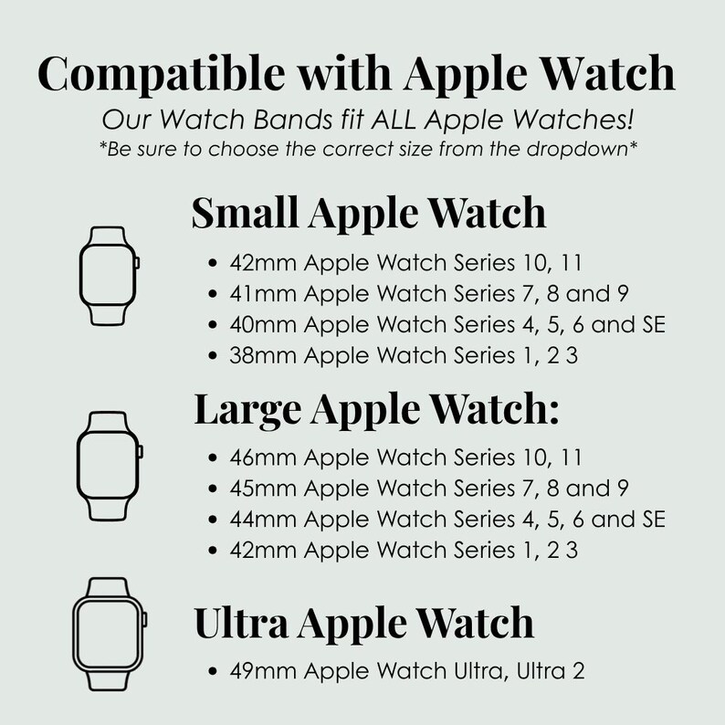 Pode incluir: Uma tabela de compatibilidade para pulseiras de Apple Watch com texto preto em fundo claro. Lista os tamanhos Small, Large e Ultra com as s&eacute;ries correspondentes, incluindo os modelos de 38mm, 40mm, 41mm, 42mm, 44mm, 45mm, 46mm e 49mm.