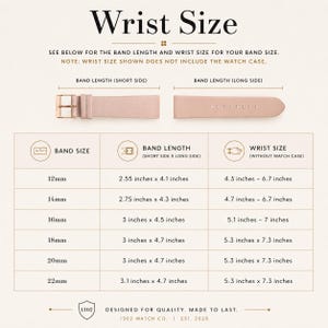 May include: A light pink watch strap sizing chart titled Wrist Size. It shows two strap segments, a buckle, and a table listing strap sizes from 12mm to 22mm with corresponding lengths in inches and wrist size ranges in inches, excluding the watch case.
