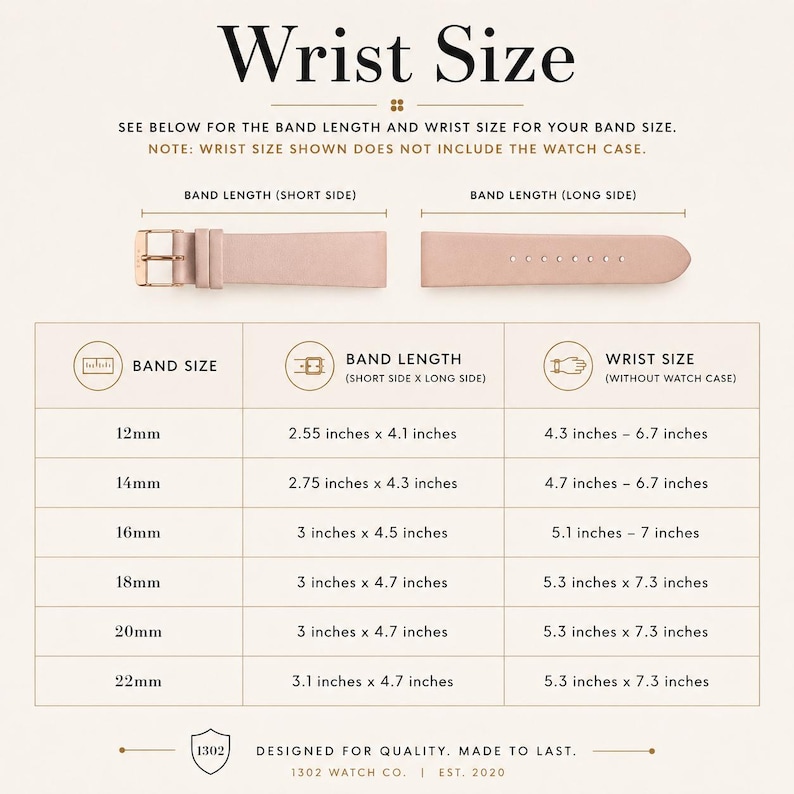May include: A light pink watch strap sizing chart titled Wrist Size. It shows two strap segments, a buckle, and a table listing strap sizes from 12mm to 22mm with corresponding lengths in inches and wrist size ranges in inches, excluding the watch case.