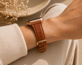 Thin Leather Watch Band Compatible with Apple Watch, Slim Womens Watch Strap, Genuine Leather Band, Gift for Her