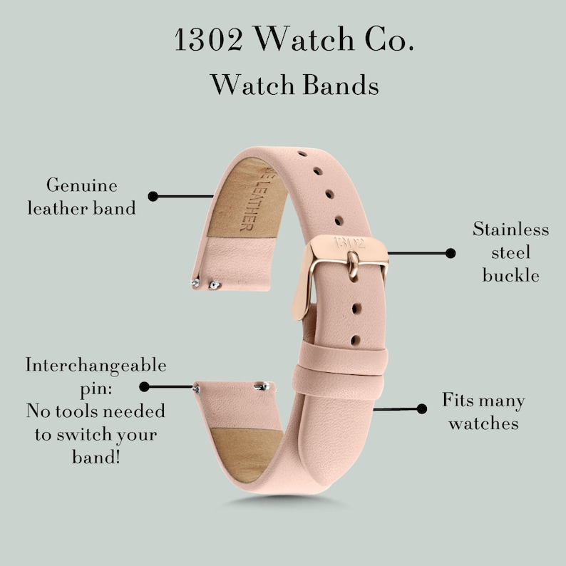 Puede incluir: Una correa de reloj de cuero rosa claro con una hebilla de acero inoxidable. La correa es intercambiable y tiene un pasador que se puede quitar f&aacute;cilmente sin herramientas. La correa est&aacute; etiquetada como "Genuine Leather" y "1302".