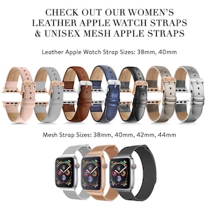 Puede incluir: Surtido de correas para Apple Watch de cuero y metal en varios colores. Las correas de cuero est&aacute;n disponibles en rosa, gris, marr&oacute;n, azul, negro, plata y oro. Las correas de metal est&aacute;n disponibles en plata, oro y negro. Tama&ntilde;os de correa de Apple Watch de cuero: 38 mm, 40 mm. Tama&ntilde;os de correa de malla: 38 mm, 40 mm, 42 mm, 44 mm.
