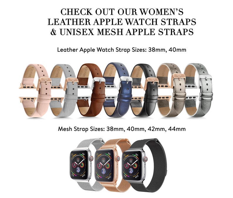 Puede incluir: Surtido de correas para Apple Watch de cuero y metal en varios colores. Las correas de cuero est&aacute;n disponibles en rosa, gris, marr&oacute;n, azul, negro, plata y oro. Las correas de metal est&aacute;n disponibles en plata, oro y negro. Tama&ntilde;os de correa de Apple Watch de cuero: 38 mm, 40 mm. Tama&ntilde;os de correa de malla: 38 mm, 40 mm, 42 mm, 44 mm.