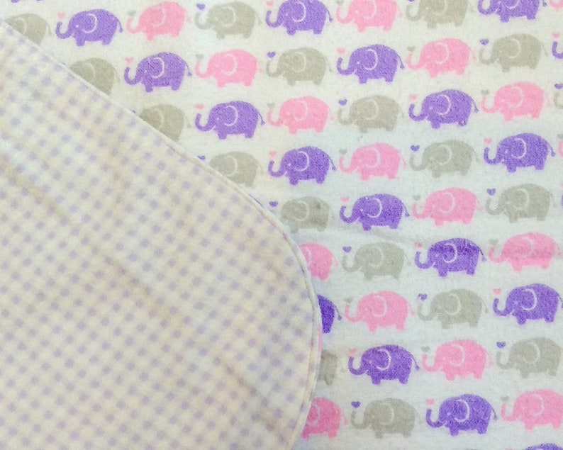Flannel Baby Blanket Pink and Grey Elephant and Gingham Prints Purple