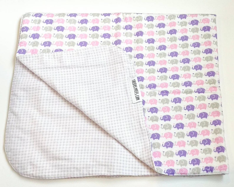 Flannel Baby Blanket Pink and Grey Elephant and Gingham Prints Purple