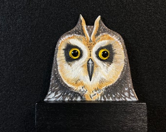 Short-eared Owl - Flat Display Wooden Head Carving