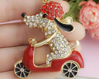Snoopy Riding A Motorcycle Crystal Rhinestone Keychain