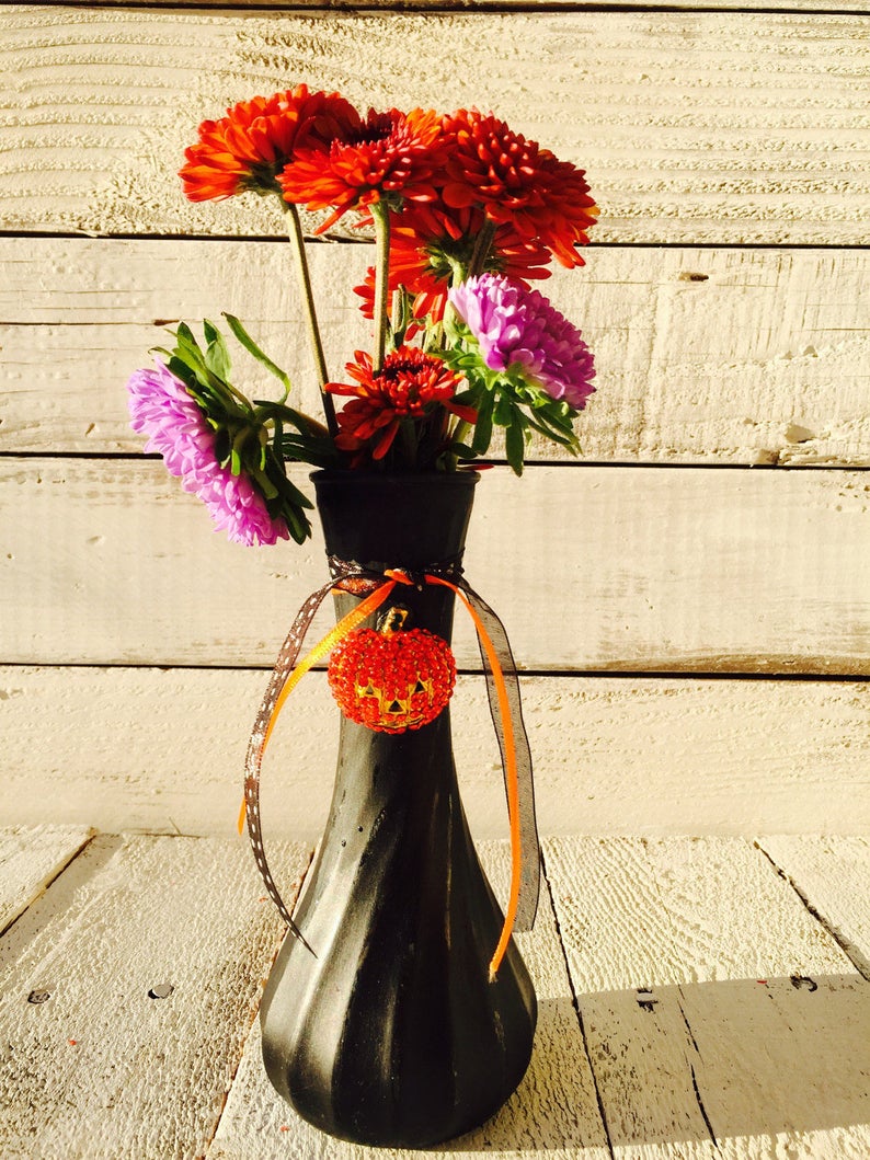 Halloween Glass Vase Distressed Black With Adorable Sparkly Etsy