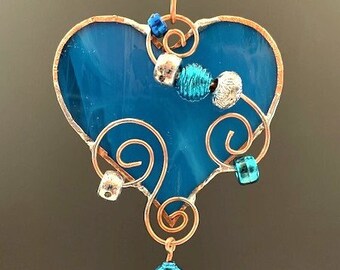 Marine Blue Beaded Heart Glass Window Ornament