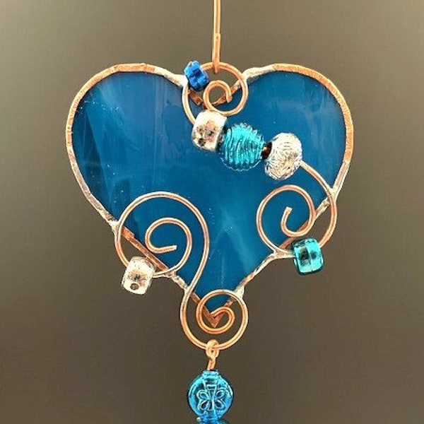 Marine Blue Beaded Heart Glass Window Ornament