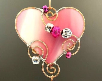 Pink Beaded Heart Glass Window Ornament